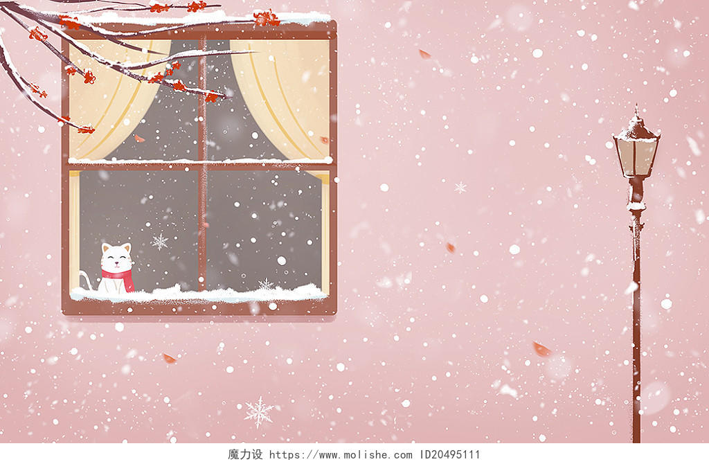 二十四节气冬天窗户看雪猫小雪大雪插画背景卡通小雪大雪插画